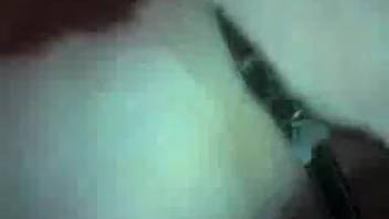Alluring canine licking this guy's uncircumcised penis in first-person view.
