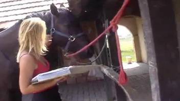 Blondie in black miniskirt stimulates a horse dick