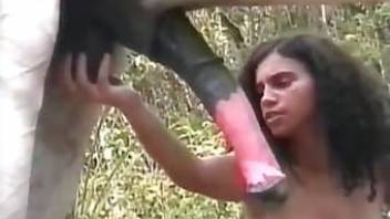 Innocent slut enjoys bestial blowjob