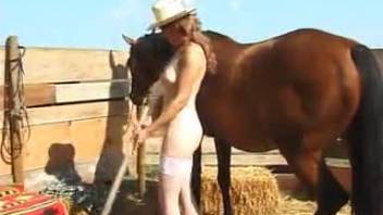 White stockings  blonde in a horse porn vid